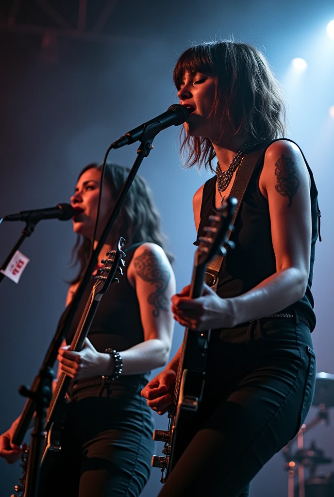 two punk rocker women in black outfits singing and playing guitar on stage, charli bowater and artgeem, lucy hale and maisie williams, arian mark, photo still, aurora aksnes and zoë kravitz, live concert photography, bella thorne and megan fox, concert photography, concert photo, nirvana, bottom angle, profile image, rumble roses, hq print, women playing guitar