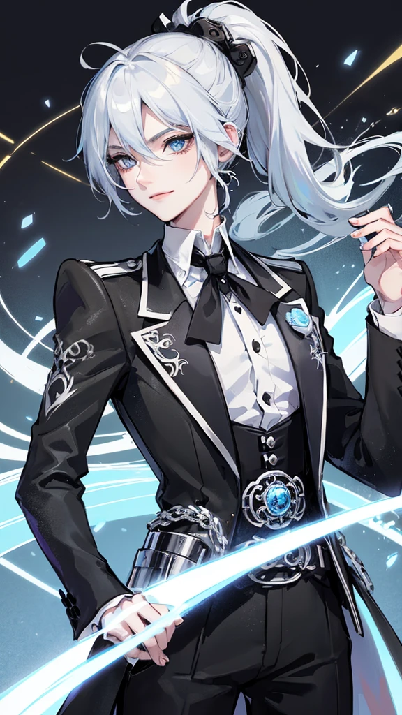 1 boy, anime, futuristic setting, elegant, fancy, tuxedo, high quality, intricate details, black bear ears, waist belt, chain accessories, pale blue eyes, panda aesthetic, butler outfit, smirk, ponytail, hairclips, pistol holster, androgynous, closeup
