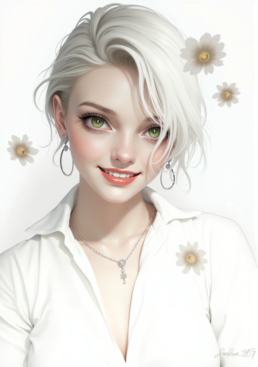 Beautiful woman with green eyes, big breasts, thin waist, wide hips, in a white blouse and jeans, wearing perfume