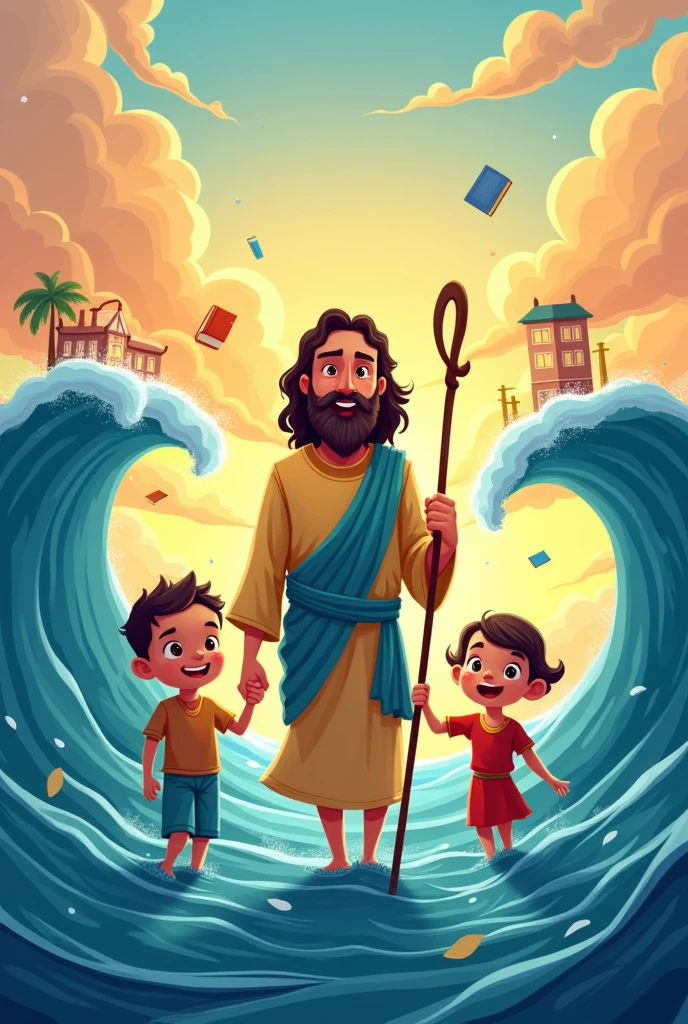 A cartoon of Moses parting the waters and walking to a school with two children holding their hands with artful teaching with books flying 

