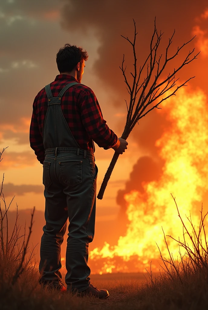Generate a farmer looking at a big fire and throwing long thin branches into the fire