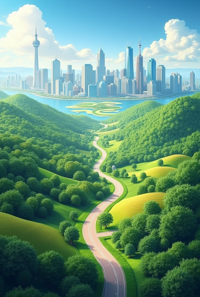 An image where the countryside is parallel to the city, indicating a path to the products 
