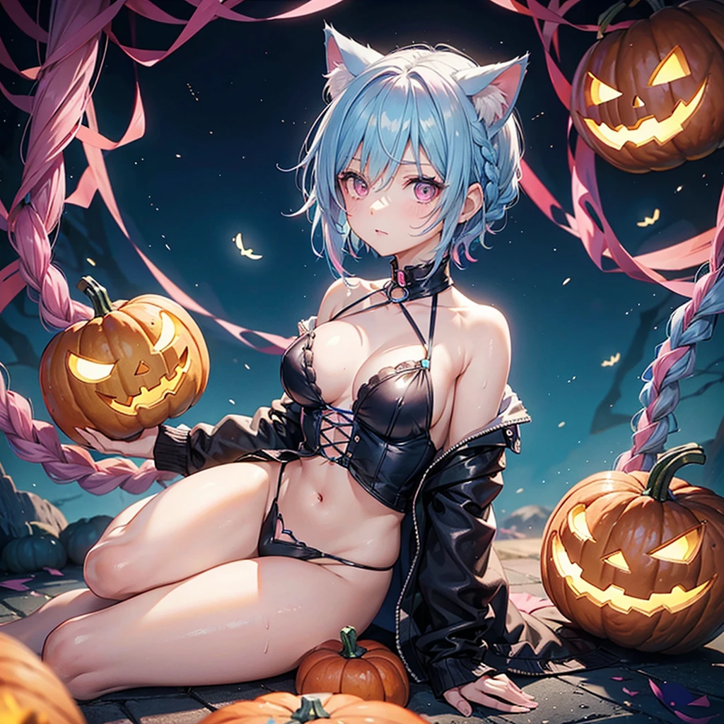 (Sky blue hair),(Braided short hair), (Pink Eyes),Fair skin) ,(whole body),(One Girl),(There are lots of pumpkin ghosts in the background),Cat ear,Cat's Tail,(Sailor suit),(Ahegao),(Fall into Darkness),If you don't give me sweets, I'll play a prank on you.),Halloween Night Party),(masterpiece, Highest quality, Very detailed, Best Shadow), (Detailed Background), (Beautifully detailed face), High Contrast, (Best lighting, Very delicate and beautiful), ((Cinematic Light)), Hyper Detail,8k, Dramatic Light, Intricate details,night,(Bats flying in the background),High quality