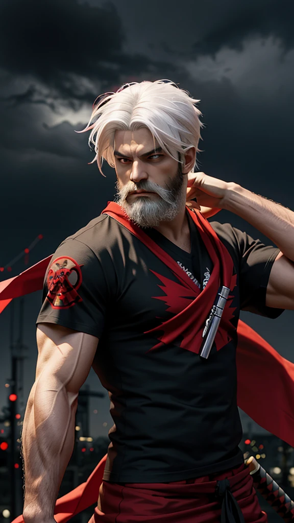 Man ninja, white hair, big beard, big muscle, red bandana, outdoor, night theme, katana, storm behind, black t-shirt, cigar, ninja outfit