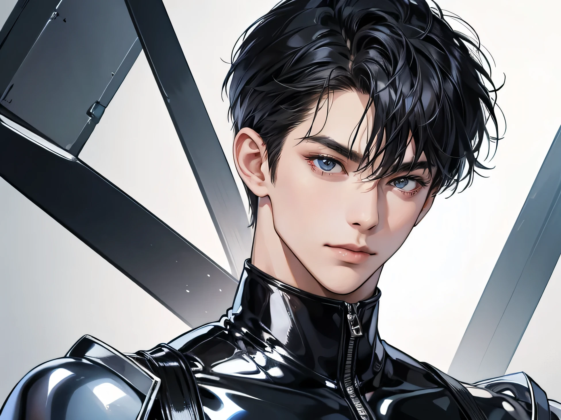 Handsome Japanese male models 22 years old smile Black Hair Short cut Short bangs looking at the camera Shiny full-body silver suit Shiny silver latex suit Mega Bulge looking at the camera future world Upper body close-up Face close-up Fierce
