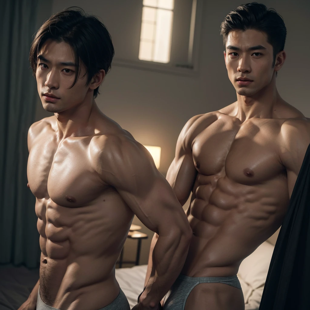 1 man, nude asiatic man, tight underwear, erect, muscular male body, realistic, photorealistic, physically-based rendering, ultra-detailed, 8k, hyper-realistic, dramatic lighting, cinematic, dramatic pose, glowing skin, veiny muscular arms, chiseled abs, tight underwear bulge, strongly defined jawline, intense facial expression, textured skin, detailed facial features, (best quality,4k,8k,highres,masterpiece:1.2),ultra-detailed,(realistic,photorealistic,photo-realistic:1.37)