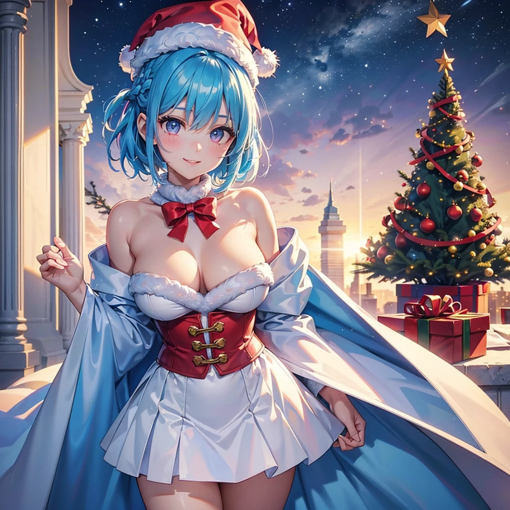 (Sky blue hair),(Braided short hair), (Pink Eyes),Fair skin) ,(whole body),(A huge towering Christmas tree),(One Girl),(Santa Claus clothes),(Cute smile),Santa Claus hat,(Christmas Party),(masterpiece, Highest quality, Very detailed, Best Shadow), (Detailed Background), (Beautifully detailed face), High Contrast, (Best lighting, Very delicate and beautiful), ((Cinematic Light)), Hyper Detail,8k, Dramatic Light, Intricate details,