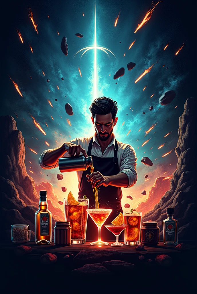 Logo nome top show drinks, Below is an image of a man making drinks in the middle of a meteor storm