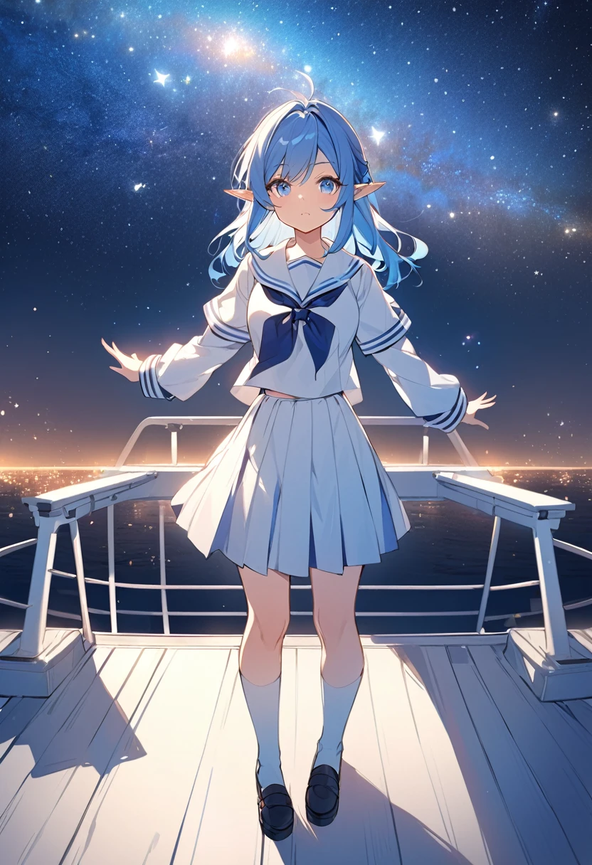 anime elf woman. Blue hair, blue eyes. She is standing on the deck of a ship with stars in the background. She is wearing a sailor's uniform.