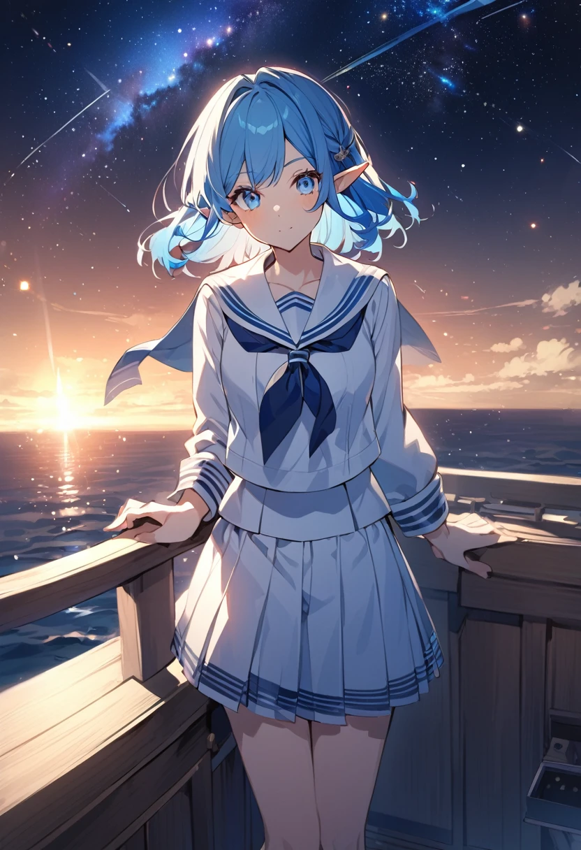 anime elf woman. Blue hair, blue eyes. She is standing on the deck of a ship with stars in the background. She is wearing a sailor's uniform.