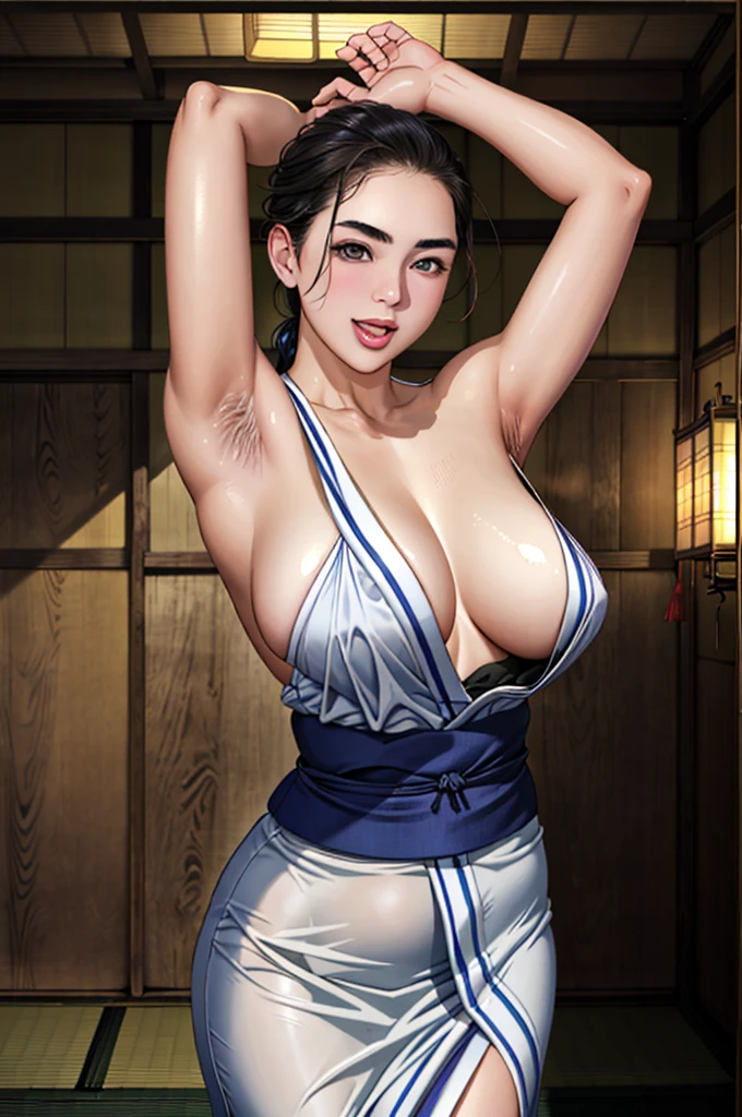 (Browsing Caution), (RAW Photos), (Realistic), (Photorealistic), Ultra-high resolution, masterpiece, Highest quality, Portraiture, facial Portraiture, Perfect lighting, Detailed lighting, Dramatic Shadows, Ray Tracing, Pure Eros Face_v1, Urzan-6500-v1.1, ((gentle smile)), ((cowboy shot:1.2)), ((looking at viewer)), ((wearing a Japanese kimono)), ((in old Japanese room)), ((night)), ((put your hands behind your head)), ((arms up)), (armpit hair:1.4), ((open mouth:1.2)), ((wrinkle your eyebrows:1.2)), ((half open eyes:1.5)),