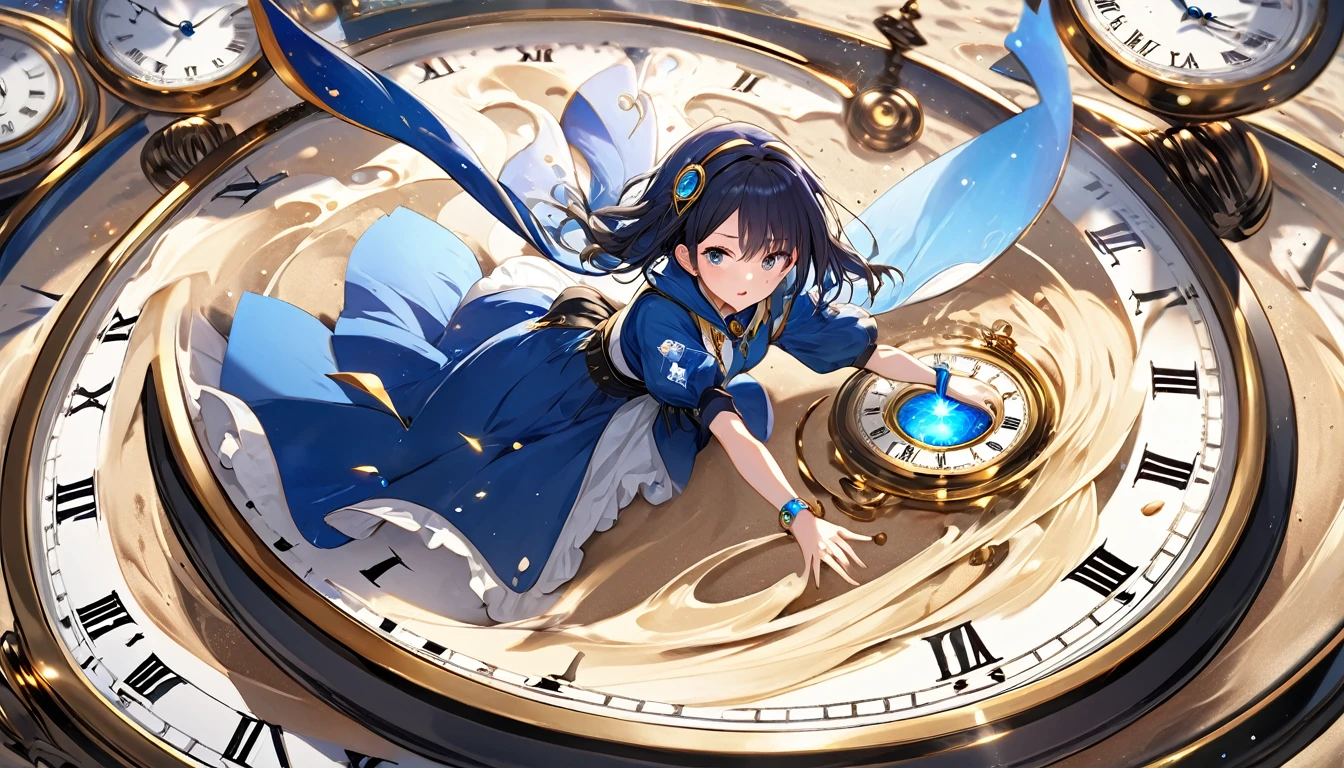 **205. One person。Time Witch fight scene。World of Watches。Cowboy shot or close-up。 masterpiece, best quality, ultra detailed (Detailed fingers), (Emotional), (Breathtakingly beautiful), (main part: 1.2 Whole body。), (Anime Style), (Very detailed), (The power to control time), (超High resolution, High resolution), (8k), (High resolution: 1.2), (Complex and beautiful: 1.2)** - background: A space filled with countless clocks、A fantastical world where time is distorted。 - The Witch of Time: Wearing a dress with a clock motif、A girl with an hourglass that controls time。 -pose: Turn the hourglass upside down、The moment that stops time。 -expression: Mysterious and intelligent expression、The calmness to freely control the flow of time。 - Effects: The sand spilling from the hourglass distorts time、A fantastic effect spreads。 -color: Gold and blue watch color、Contrast that emphasizes the mystery of time。