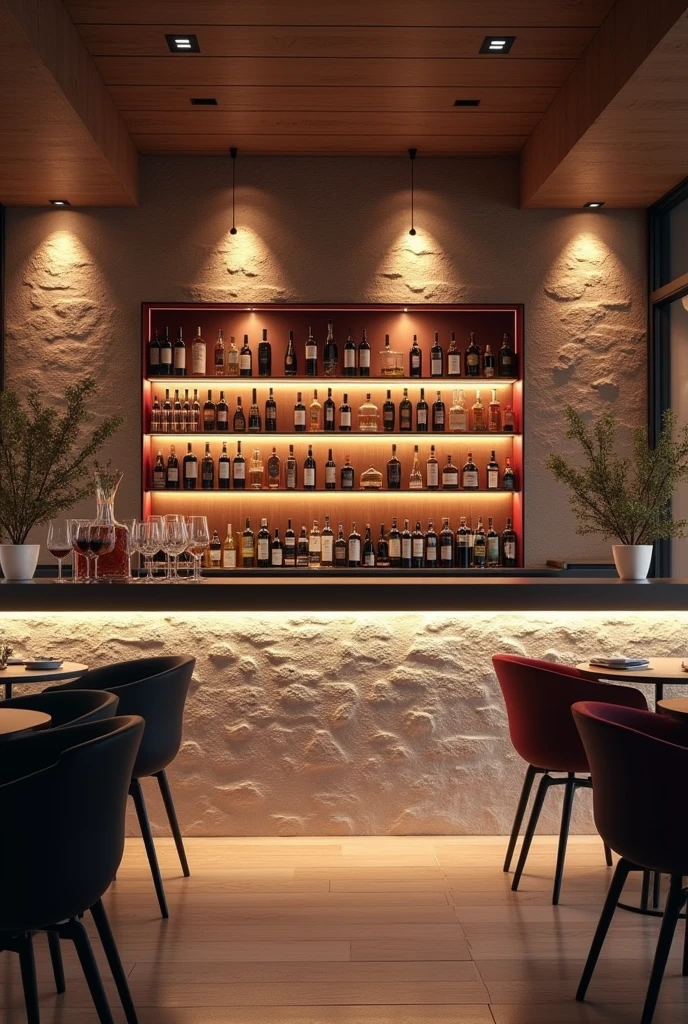 A bar in the room with a white stone wall and warm lighting, with wines displayed on the wall and with a burgundy red glass cabinet and a black sideboard next to the glass cabinet.