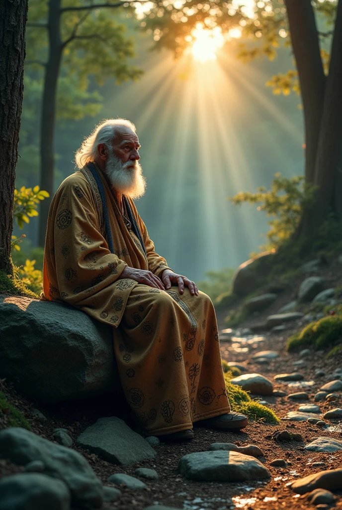 A small clearing in the middle of the forest. An old man, the Elder, sits on a rock, wearing a robe decorated with mystical symbols. His face is marked by age and wisdom. Aline arrives to find him and the two talk. The light of dawn softly illuminates the scene, highlighting the details of his robe and the engravings on the stones around him.