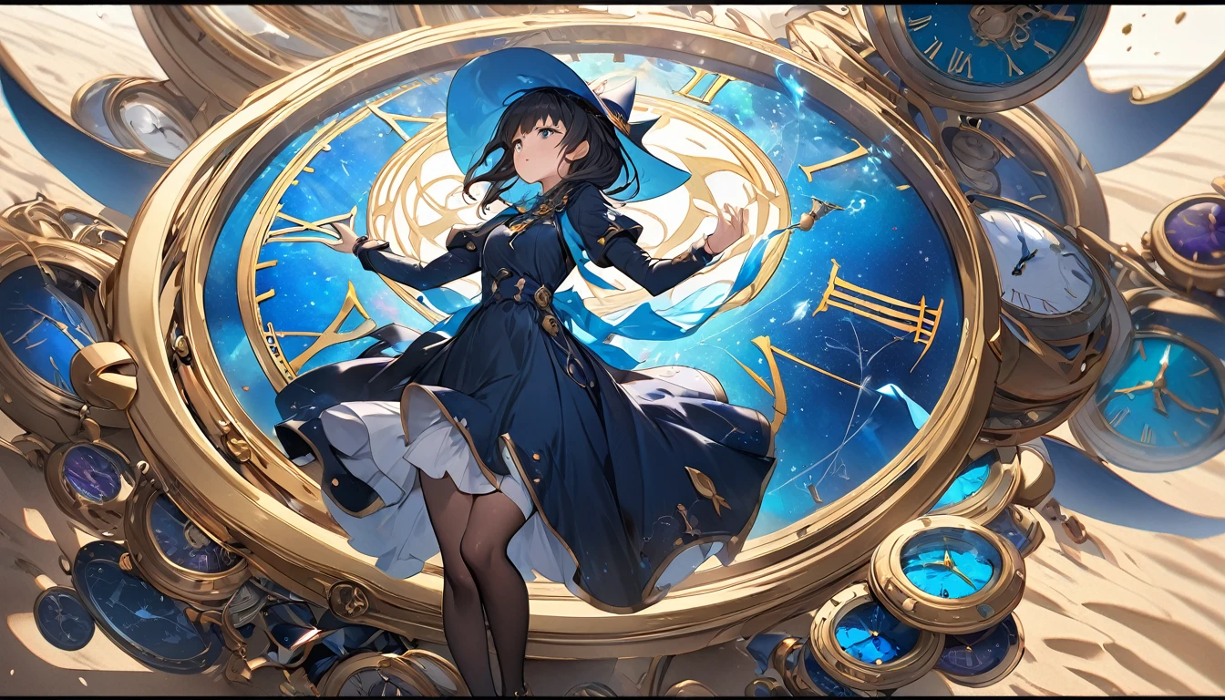 **205. One person。Time Witch fight scene。World of Watches。Cowboy shot or close-up。 masterpiece, best quality, ultra detailed (Detailed fingers), (Emotional), (Breathtakingly beautiful), (main part: 1.2 Whole body。), (Anime Style), (Very detailed), (The power to control time), (超High resolution, High resolution), (8k), (High resolution: 1.2), (Complex and beautiful: 1.2)** - background: A space filled with countless clocks、A fantastical world where time is distorted。 - The Witch of Time: Wearing a dress with a clock motif、A girl with an hourglass that controls time。 -pose: Turn the hourglass upside down、The moment that stops time。 -expression: Mysterious and intelligent expression、The calmness to freely control the flow of time。 - Effects: The sand spilling from the hourglass distorts time、A fantastic effect spreads。 -color: Gold and blue watch color、Contrast that emphasizes the mystery of time。