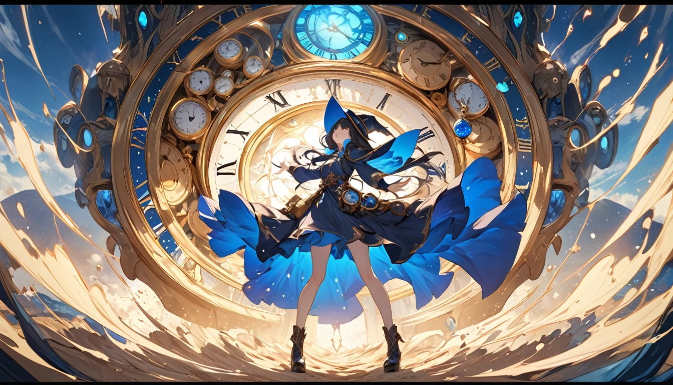 **205. One person。Time Witch fight scene。World of Watches。Cowboy shot or close-up。 masterpiece, best quality, ultra detailed (Detailed fingers), (Emotional), (Breathtakingly beautiful), (main part: 1.2 Whole body。), (Anime Style), (Very detailed), (The power to control time), (超High resolution, High resolution), (8k), (High resolution: 1.2), (Complex and beautiful: 1.2)** - background: A space filled with countless clocks、A fantastical world where time is distorted。 - The Witch of Time: Wearing a dress with a clock motif、A girl with an hourglass that controls time。 -pose: Turn the hourglass upside down、The moment that stops time。 -expression: Mysterious and intelligent expression、The calmness to freely control the flow of time。 - Effects: The sand spilling from the hourglass distorts time、A fantastic effect spreads。 -color: Gold and blue watch color、Contrast that emphasizes the mystery of time。