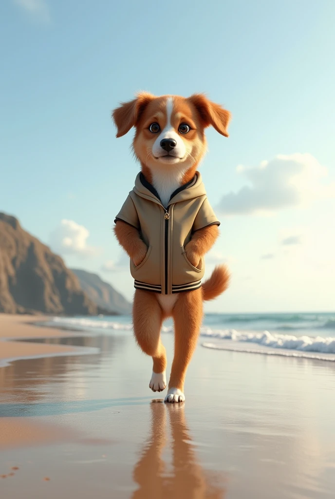 Dog walking on the beach with hands in pockets standing but real dog