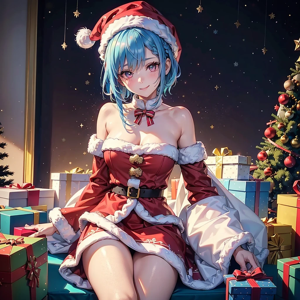 (Sky blue hair),(Braided short hair), (Pink Eyes),Fair skin) ,(whole body),(One Girl),(Gift boxes filling the background),(Santa Claus clothes),(Cute smile),Santa Claus hat,(Christmas Party),(masterpiece, Highest quality, Very detailed, Best Shadow), (Detailed Background), (Beautifully detailed face), High Contrast, (Best lighting, Very delicate and beautiful), ((Cinematic Light)), Hyper Detail,8k, Dramatic Light, Intricate details,(Christmas tree)