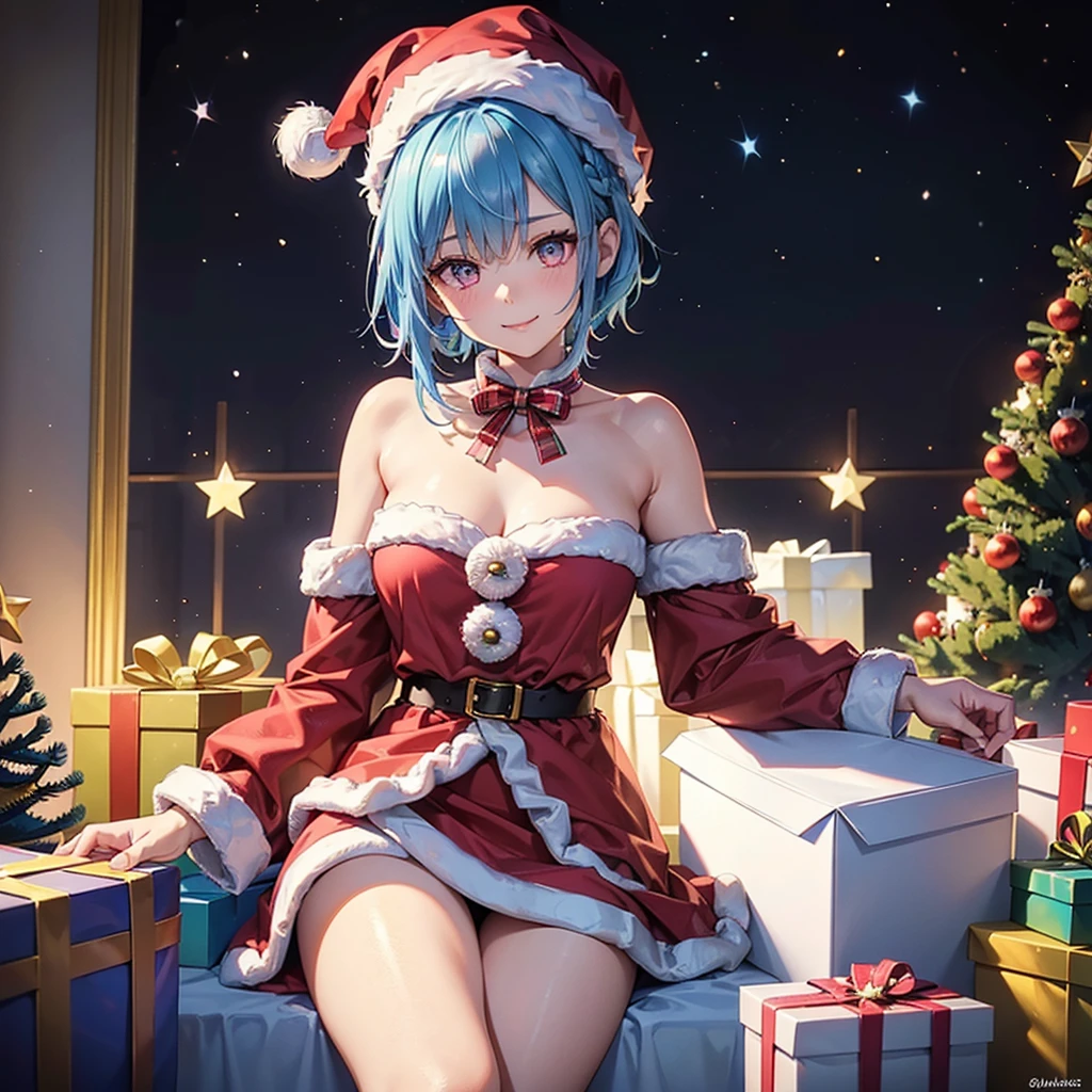 (Sky blue hair),(Braided short hair), (Pink Eyes),Fair skin) ,(whole body),(One Girl),(Gift boxes filling the background),(Santa Claus clothes),(Cute smile),Santa Claus hat,(Christmas Party),(masterpiece, Highest quality, Very detailed, Best Shadow), (Detailed Background), (Beautifully detailed face), High Contrast, (Best lighting, Very delicate and beautiful), ((Cinematic Light)), Hyper Detail,8k, Dramatic Light, Intricate details,(Christmas tree)