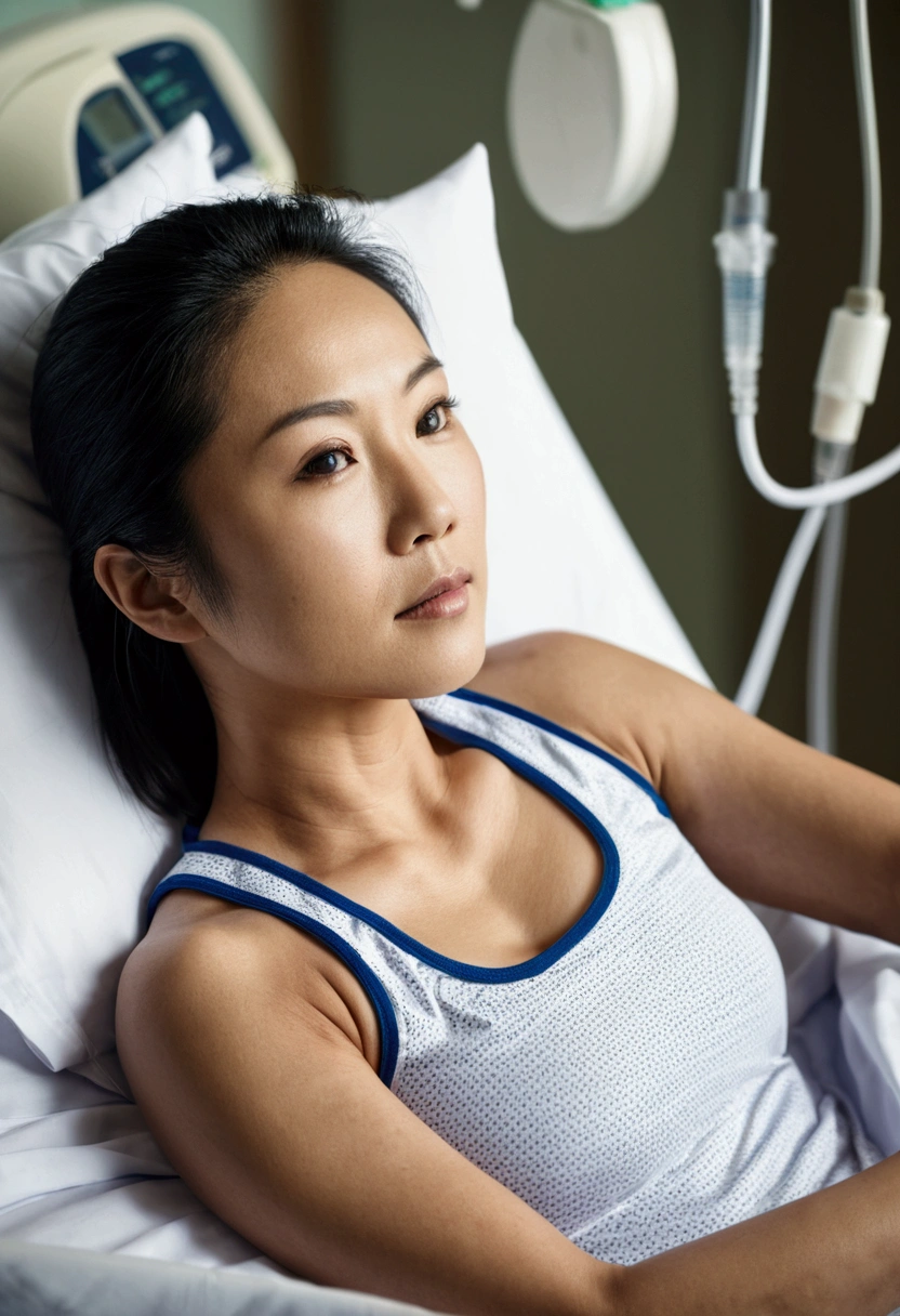 Beautiful 30 year old athletic asian woman wearing tank top lying in hospital bed. Toned arms. Photo taken from side