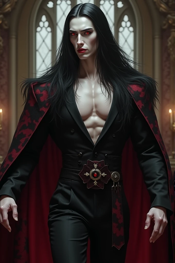 full body low angle shot of an intimidating muscular male dhampir with white hair in balck and blood red clothes, man, handsome face, long coat, long dark hair, red eyes, low angle, highly detailed, better face