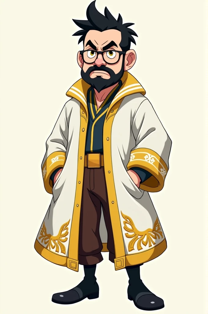 I want a picture of an anime character, The character is a sailor with a bit of a beard, glasses black hair and white tea, The color of his eyes is yellow, He wears a long sailor's robe. The color palette of the robe is white with yellow., His pants are dark brown and he wears black boots., remember it's anime style, Please.
