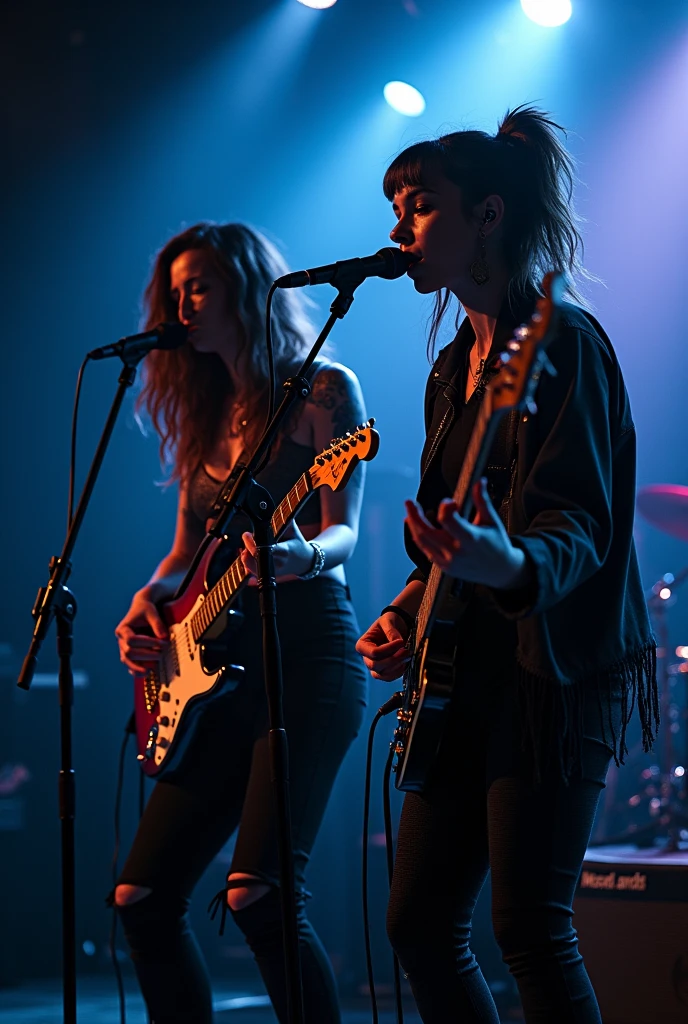 18yo,two punk rocker women in black outfits singing and playing guitar on stage, charli bowater and artgeem, lucy hale and maisie williams, arian mark, photo still, aurora aksnes and zoë kravitz, live concert photography, bella thorne and megan fox, concert photography, concert photo, nirvana, bottom angle, profile image, rumble roses, hq print, women playing guitar