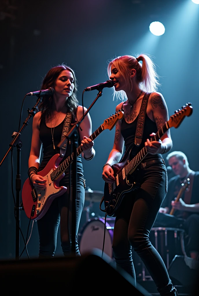 18yo,two punk rocker women in black outfits singing and playing guitar on stage, charli bowater and artgeem, lucy hale and maisie williams, arian mark, photo still, aurora aksnes and zoë kravitz, live concert photography, bella thorne and megan fox, concert photography, concert photo, nirvana, bottom angle, profile image, rumble roses, hq print, women playing guitar