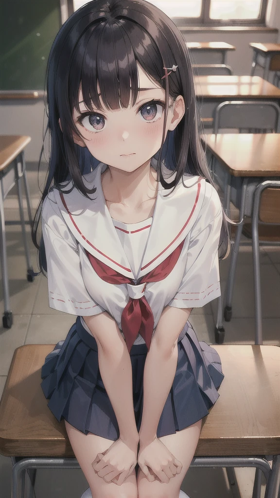 masterpiece, best quality, absurdres, YamashiroRen, blunt bangs, hair ornament, skirt, school uniform, short sleeves, pleated skirt, serafuku, socks, blue skirt, neckerchief, red neckerchief, white sailor collar, close portrait ,, body and face, classroom, indoor, tokyo scenery, street