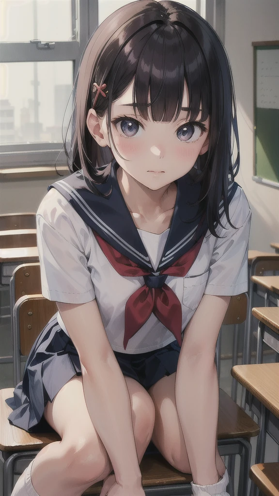 masterpiece, best quality, absurdres, YamashiroRen, blunt bangs, hair ornament, skirt, school uniform, short sleeves, pleated skirt, serafuku, socks, blue skirt, neckerchief, red neckerchief, white sailor collar, close portrait ,,  body and face, classroom, indoor, tokyo scenery, street