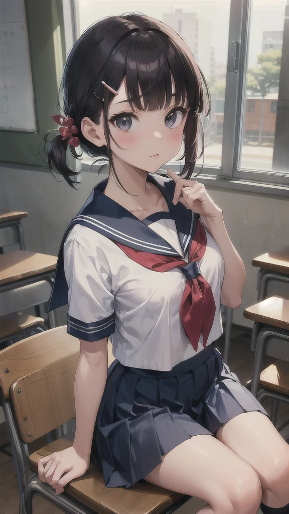 masterpiece, best quality, absurdres, YamashiroRen, blunt bangs, hair ornament, skirt, school uniform, short sleeves, pleated skirt, serafuku, socks, blue skirt, neckerchief, red neckerchief, white sailor collar, close portrait ,, teen body and face, classroom, indoor, tokyo scenery, street
