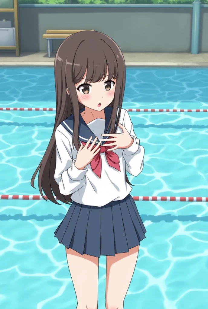 In the pool of the elementary school、A schoolgirl spreads her pussy with her fingers、Peeing
