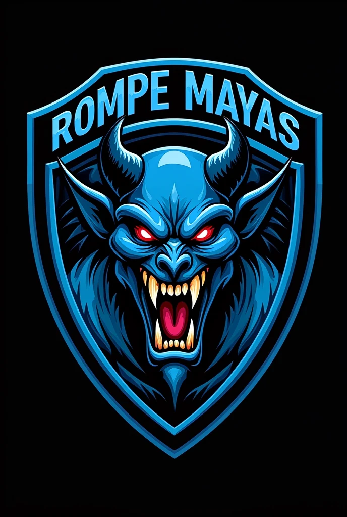 Generate a shield for a micro soccer shirt that is black with blue and has an aggressive blue and black devil and this one with more things inside the shield in the middle that is shaped like a shield and above it has the word Rompe Mayas