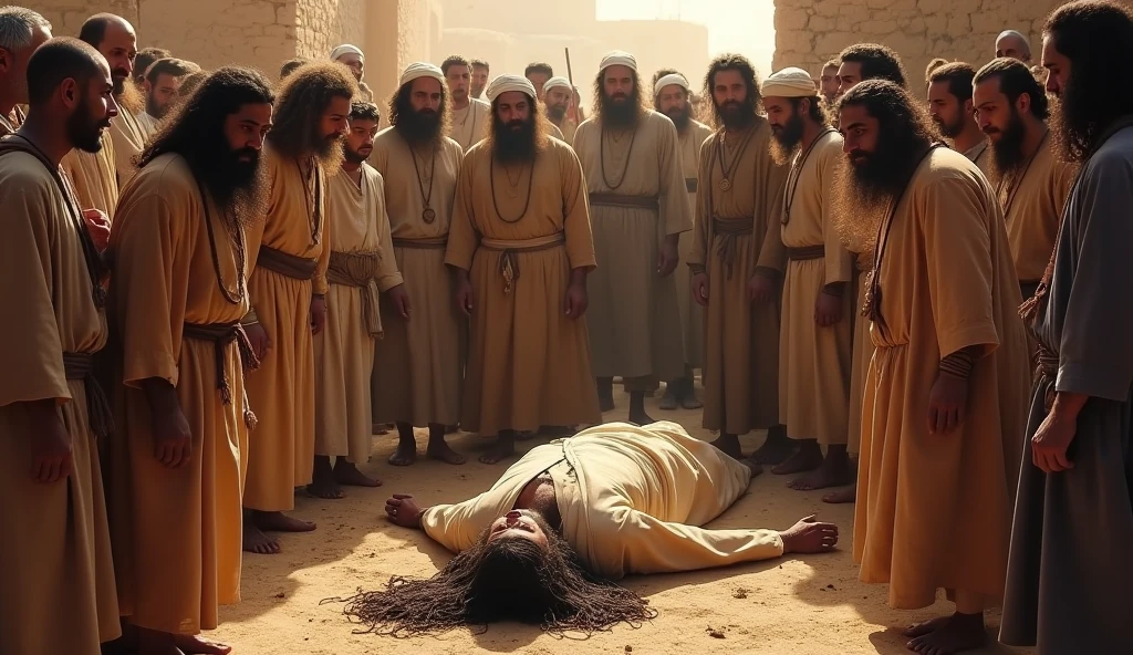 Image: Old Testament Israelite villagers in traditional clothing and long hair gather around the body of a dead wealthy man, their faces filled with amazement and fear. Elements: Showing the body lying on the ground, with the people around it interacting.

 