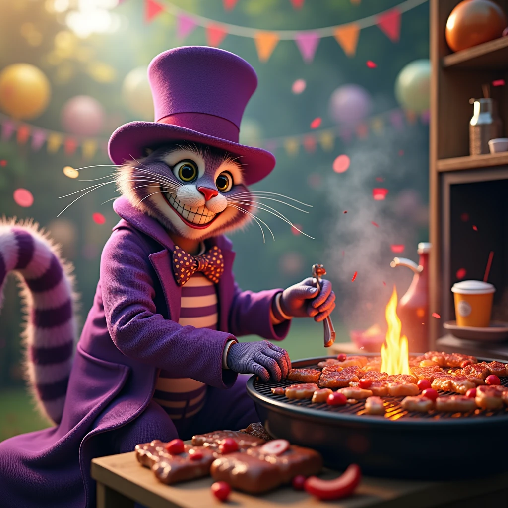 Alice in Wonderland cat in the corner of the picture smiling, dressed in purple top hat and jacket, making meat on an American barbecue, in a party atmosphere with confetti and drinks