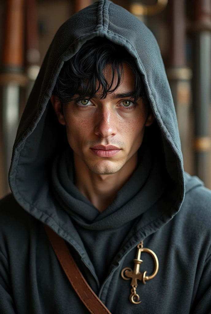 A half elf, male, 30years, with black hair, with one green eye and one brown eye, as a clerk in a medieval weapons shop, strong bodie, in a hoodie, guild craftsman