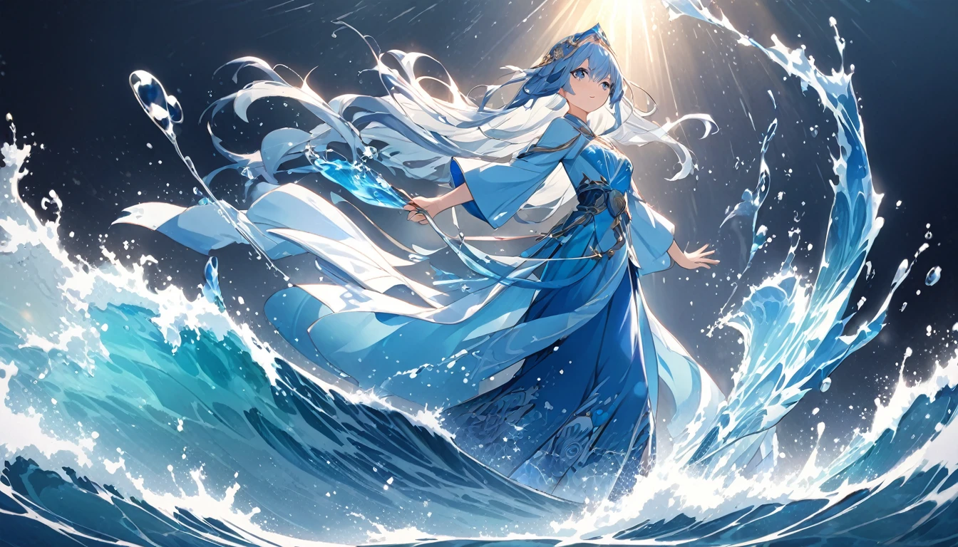 **214. One person。Water Maiden's battle scene。Water Temple。Cowboy shot or close-up。
masterpiece, best quality, ultra detailed (Detailed fingers), (Emotional), (Breathtakingly beautiful),
(main part: 1.2 Whole body。), (Anime Style), (Very detailed), (Controlling the power of water),
(超High resolution, High resolution), (8k), (High resolution: 1.2), (Complex and beautiful: 1.2)**
- background: A temple filled with water、A space where the crystal clear water surface sparkles。
- Water Priestess: Dressed in a flowing blue outfit、Controlling the power of water巫女の少女。
-pose: Controlling Water、The moment when a huge wave is released towards the enemy。
-expression: Calm and focused expression、One with the water。
- Effects: The waves rise with her movements、Enemy-swallowing effect。
-color: Blue and silver water colors、A contrast that symbolizes transparency and purity。