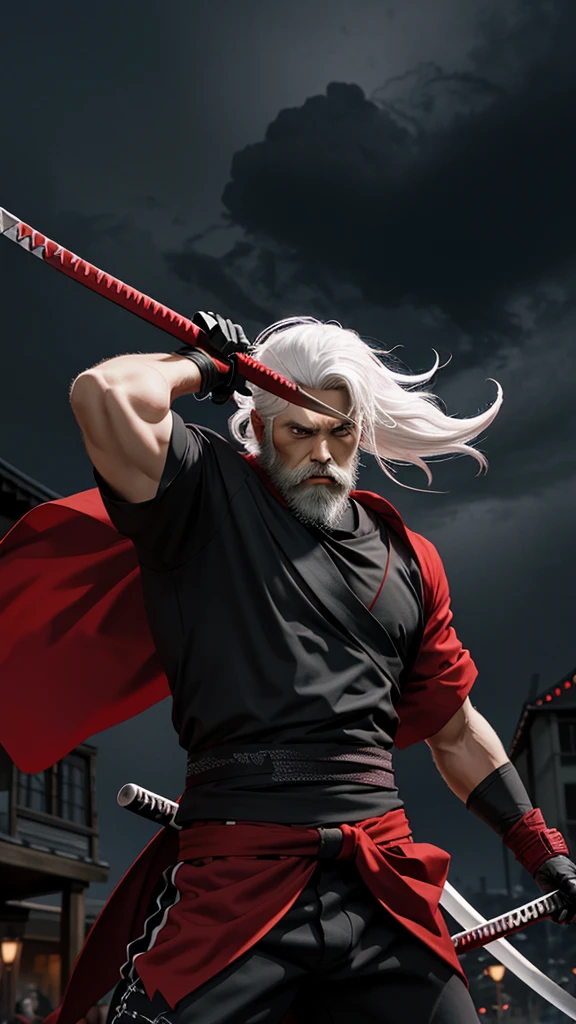 Man ninja, white hair, big beard, big muscle, red bandana, outdoor, night theme, katana, storm behind, black t-shirt, cigar, ninja outfit, attacking with her katana, look viewer
