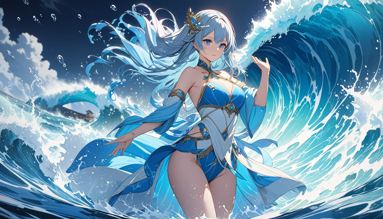 **214. One person。Water Maiden's battle scene。Water Temple。Cowboy shot or close-up。
masterpiece, best quality, ultra detailed (Detailed fingers), (Emotional), (Breathtakingly beautiful),
(main part: 1.2 Whole body。), (Anime Style), (Very detailed), (Controlling the power of water),
(超High resolution, High resolution), (8k), (High resolution: 1.2), (Complex and beautiful: 1.2)**
- background: A temple filled with water、A space where the crystal clear water surface sparkles。
- Water Priestess: Dressed in a flowing blue outfit、Controlling the power of water巫女の少女。
-pose: Controlling Water、The moment when a huge wave is released towards the enemy。
-expression: Calm and focused expression、One with the water。
- Effects: The waves rise with her movements、Enemy-swallowing effect。
-color: Blue and silver water colors、A contrast that symbolizes transparency and purity。