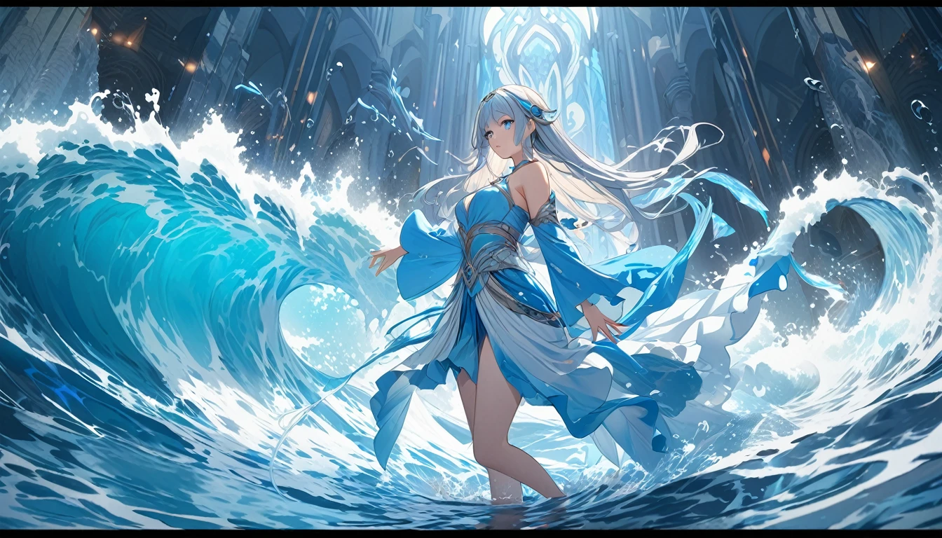 **214. One person。Water Maiden's battle scene。Water Temple。Cowboy shot or close-up。
masterpiece, best quality, ultra detailed (Detailed fingers), (Emotional), (Breathtakingly beautiful),
(main part: 1.2 Whole body。), (Anime Style), (Very detailed), (Controlling the power of water),
(超High resolution, High resolution), (8k), (High resolution: 1.2), (Complex and beautiful: 1.2)**
- background: A temple filled with water、A space where the crystal clear water surface sparkles。
- Water Priestess: Dressed in a flowing blue outfit、Controlling the power of water巫女の少女。
-pose: Controlling Water、The moment when a huge wave is released towards the enemy。
-expression: Calm and focused expression、One with the water。
- Effects: The waves rise with her movements、Enemy-swallowing effect。
-color: Blue and silver water colors、A contrast that symbolizes transparency and purity。