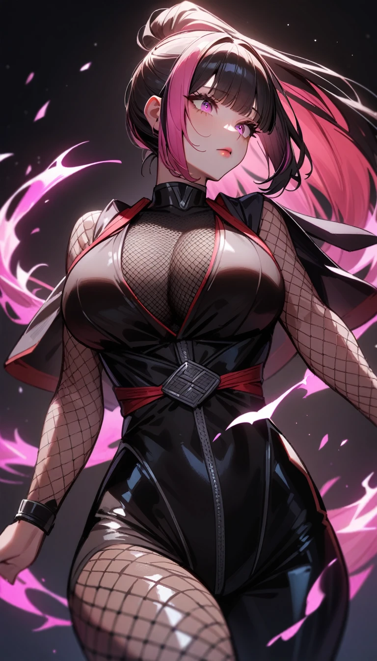 1girl,solo,super detailed skin,shiny skin,gleaming skin,detailed face,expressionless,rainbow colored hair,straight hair,ponytail,hime cut,,deep detailed eyes,eyelashes,lips gloss,large breasts,body suit,Shinobi clothes,fishnet arms,standing ,pink fire magic,simple background ,masterpiece,best quality,ultra detailed,high resolution,sharp focus