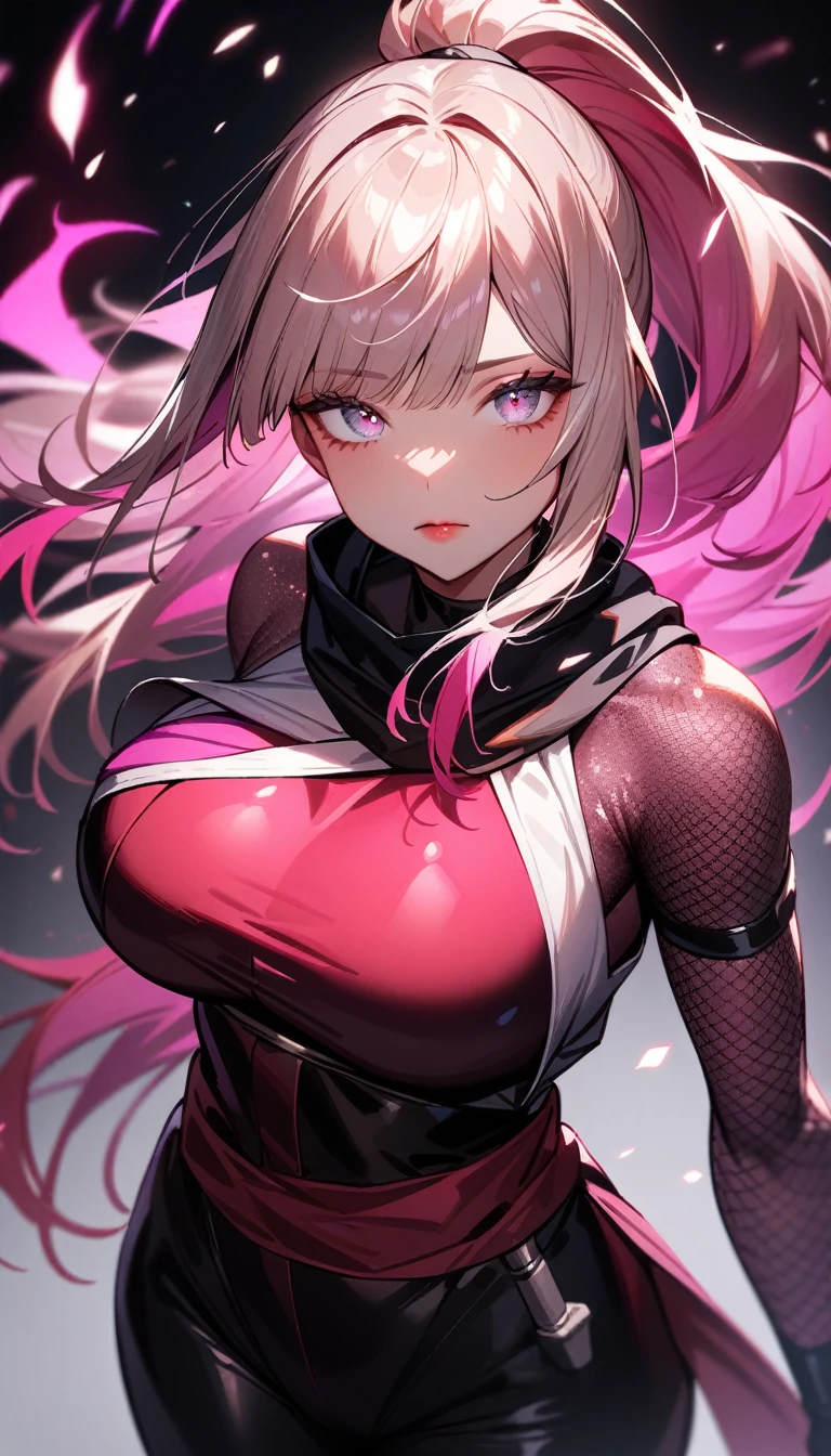 1girl,solo,super detailed skin,shiny skin,gleaming skin,detailed face,expressionless,rainbow colored hair,straight hair,ponytail,hime cut,,deep detailed eyes,eyelashes,lips gloss,large breasts,body suit,Shinobi clothes,fishnet arms,standing ,pink fire magic,simple background ,masterpiece,best quality,ultra detailed,high resolution,sharp focus