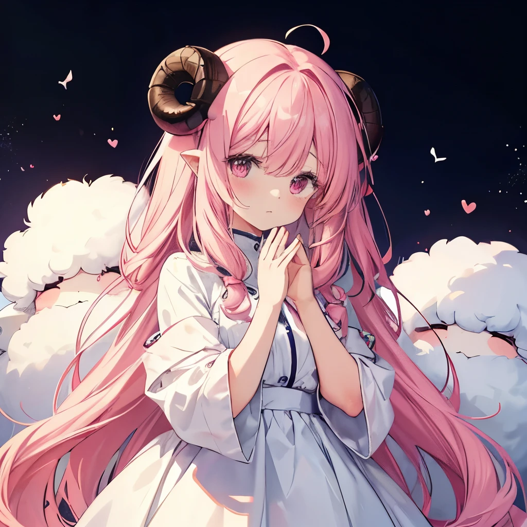 An anime-style illustration of ‘Fua-chan’ apologizing in a cute and endearing way. Fua-chan has distinctive features: long pink hair styled in soft curls resembling sheep’s horns, and pink eyes. She is depicted with a slightly embarrassed and bashful expression, her cheeks slightly flushed as she clasps her hands together in front of her or holds them near her face in a gesture of sincere apology. She might have her head tilted slightly down or to the side, adding to the cuteness. She is wearing a sweet and innocent outfit, with a soft and warm background that emphasizes her gentle and remorseful demeanor.