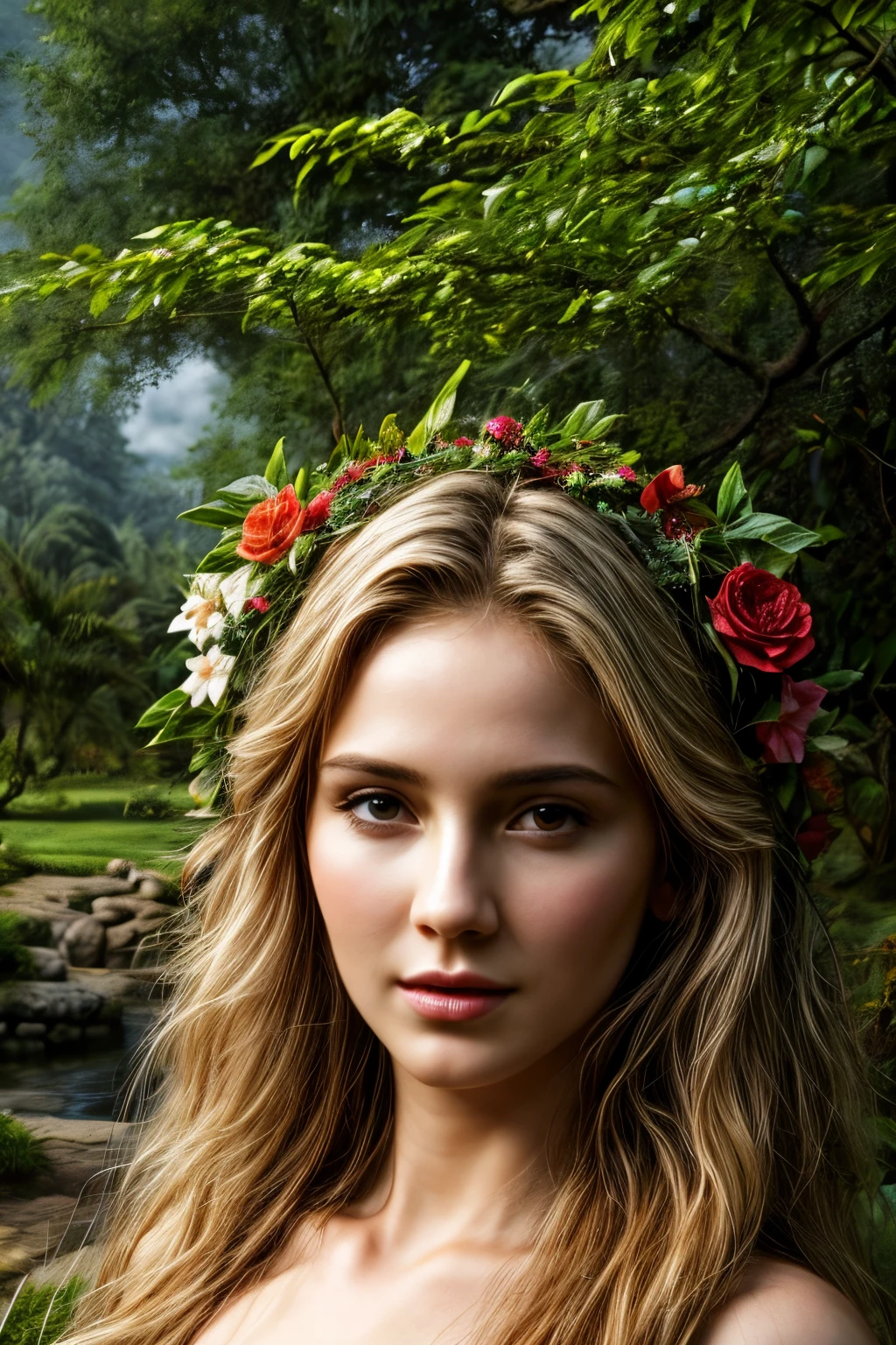 ((masterpiece)), ((best quality)), (high-resolution), (photo-realistic), (ultra-high detailed), Adam and Eve in the garden of Eden, ((hyper-detailed face)), ((small breasts))
