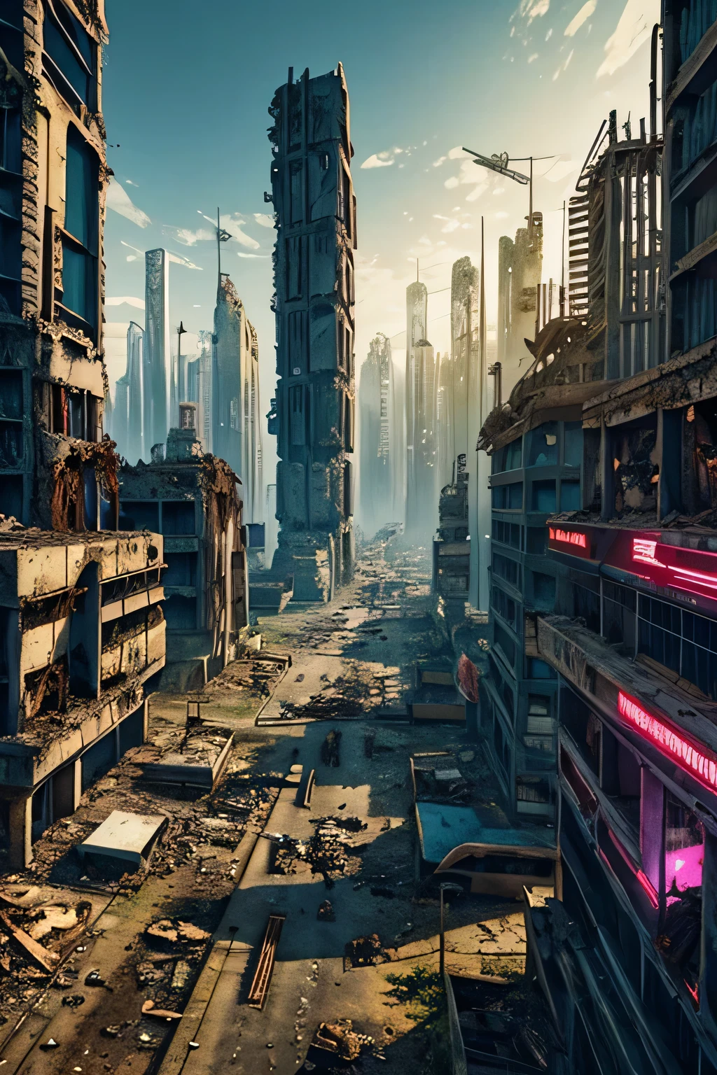 cyberpunk city in ruins destroyed, post-apocalyptic with monsters crushing the remains.