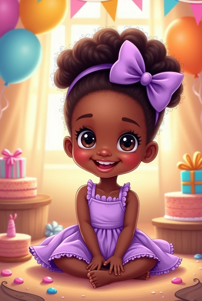 Little black baby girl sitting smiling at her first birthday party wearing a purple dress and a bow on her head cartoon drawing