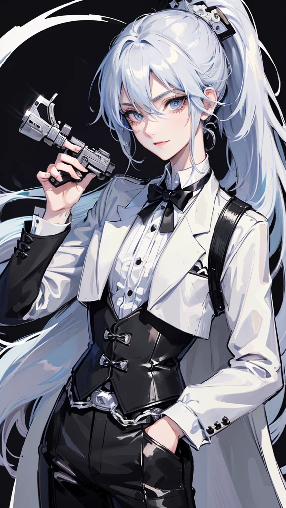 1 boy, anime, futuristic setting, elegant, fancy, tuxedo, high quality, intricate details, black bear ears, waist belt, chain accessories, pale blue eyes, panda aesthetic, butler outfit, smirk, ponytail, hairclips, pistol holster, androgynous, closeup, beauty marks