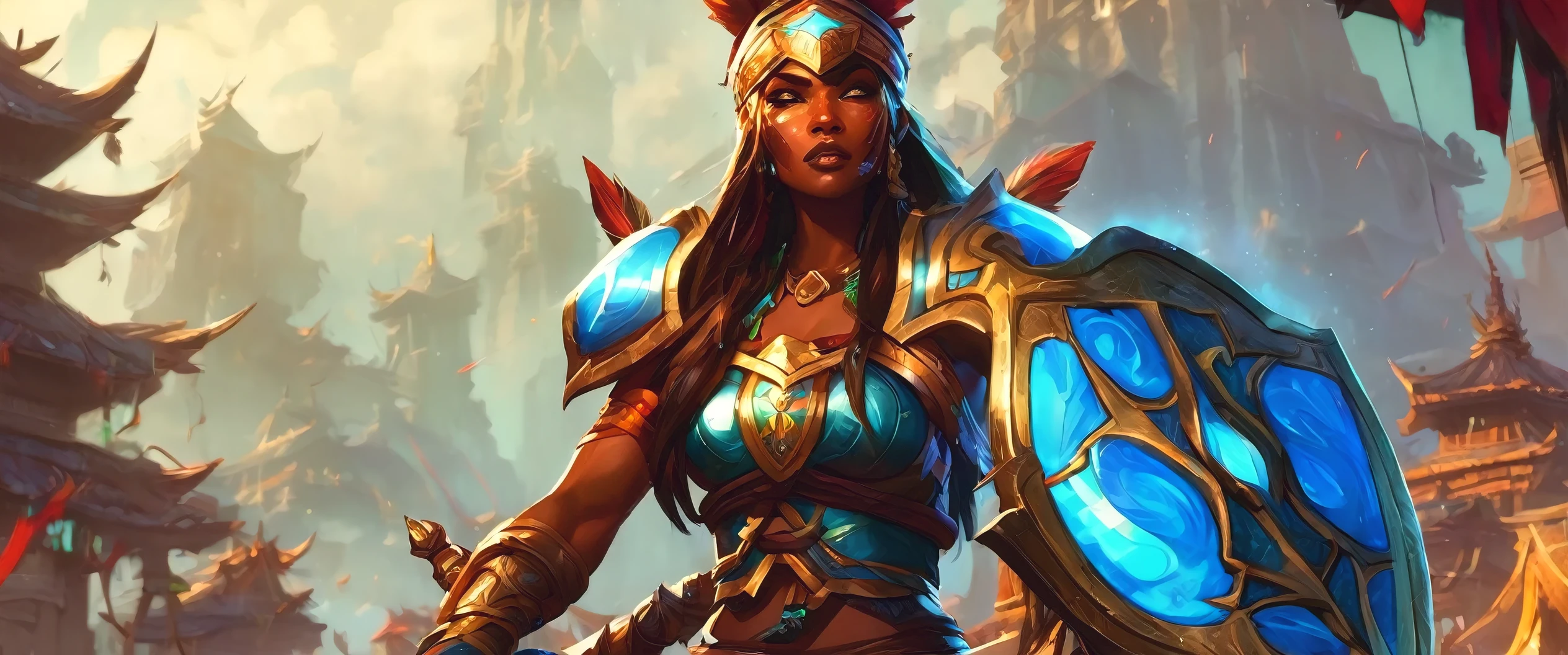 A fierce tribal warrior, intense battle, high fantasy RPG style, League of Legends-inspired art style, dynamic poses, intricate armor and accessories, detailed facial features, cinematic lighting, vibrant colors, dramatic atmosphere, gritty realism, masterpiece, best quality, ultra-detailed,