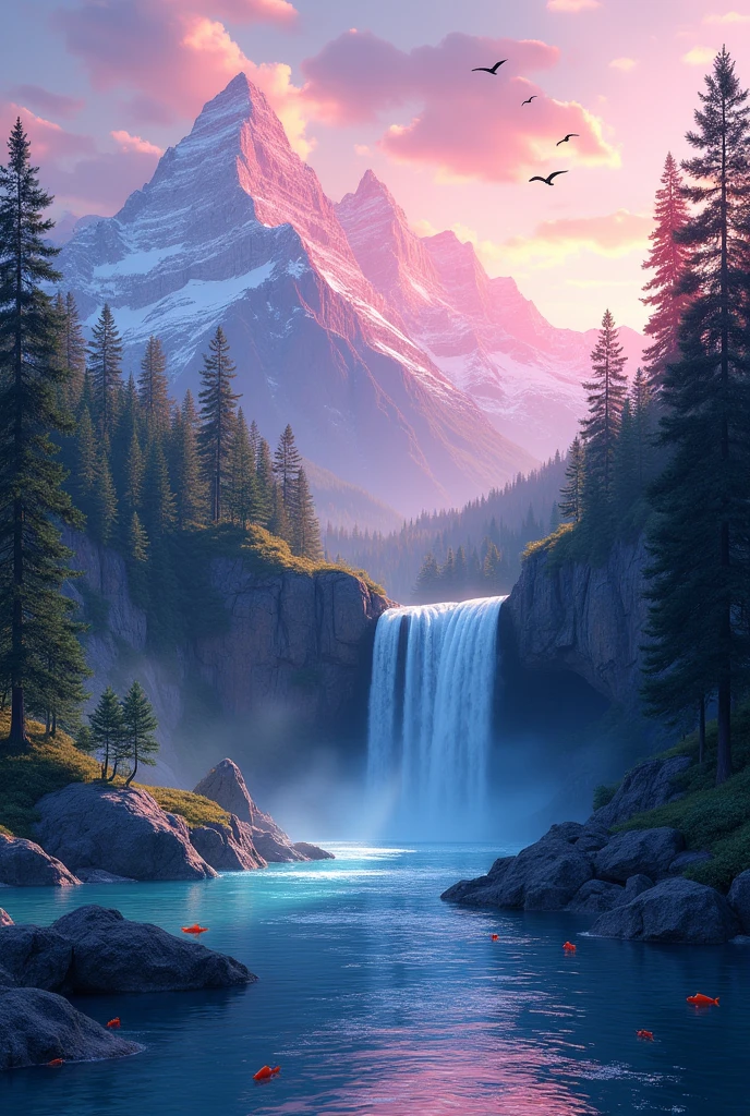 Imagine a beautiful landscape with a clear sky, pink and orange at sunset in a beautiful forest, where everything is flowing and calm. There are some birds and a river, where pine trees are reflected. The water looks clear and blue and purple, in the background there are beautiful pink mountains bathed in frost. In the scene you can also see a beautiful waterfall, it is midsize, you can see the details, falling and splashing, where it is cool and there are fish. It is sunset, and the landscape looks very natural and peaceful. 