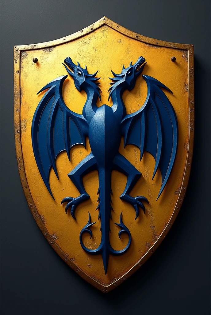 Create a shield image inspired by the style of &#39;Game of Thrones&#39;, with a solid gold background. No centro do escudo, place a two-headed navy blue dragon with its wings spread, staring overhead. The dragon should have a stylized and simplified design, similar to the coats of arms of &#39;Game of Thrones&#39;, but with a new and innovative touch. Avoid replicating the Targaryen dragon, and look for a creative and original look that matches the medieval aesthetics of the coats of arms